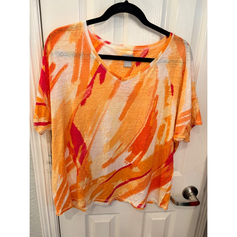 Chico's V-Neck Top Orange Abstract Brushstroke 100% Linen Short Sleeve Tee XL